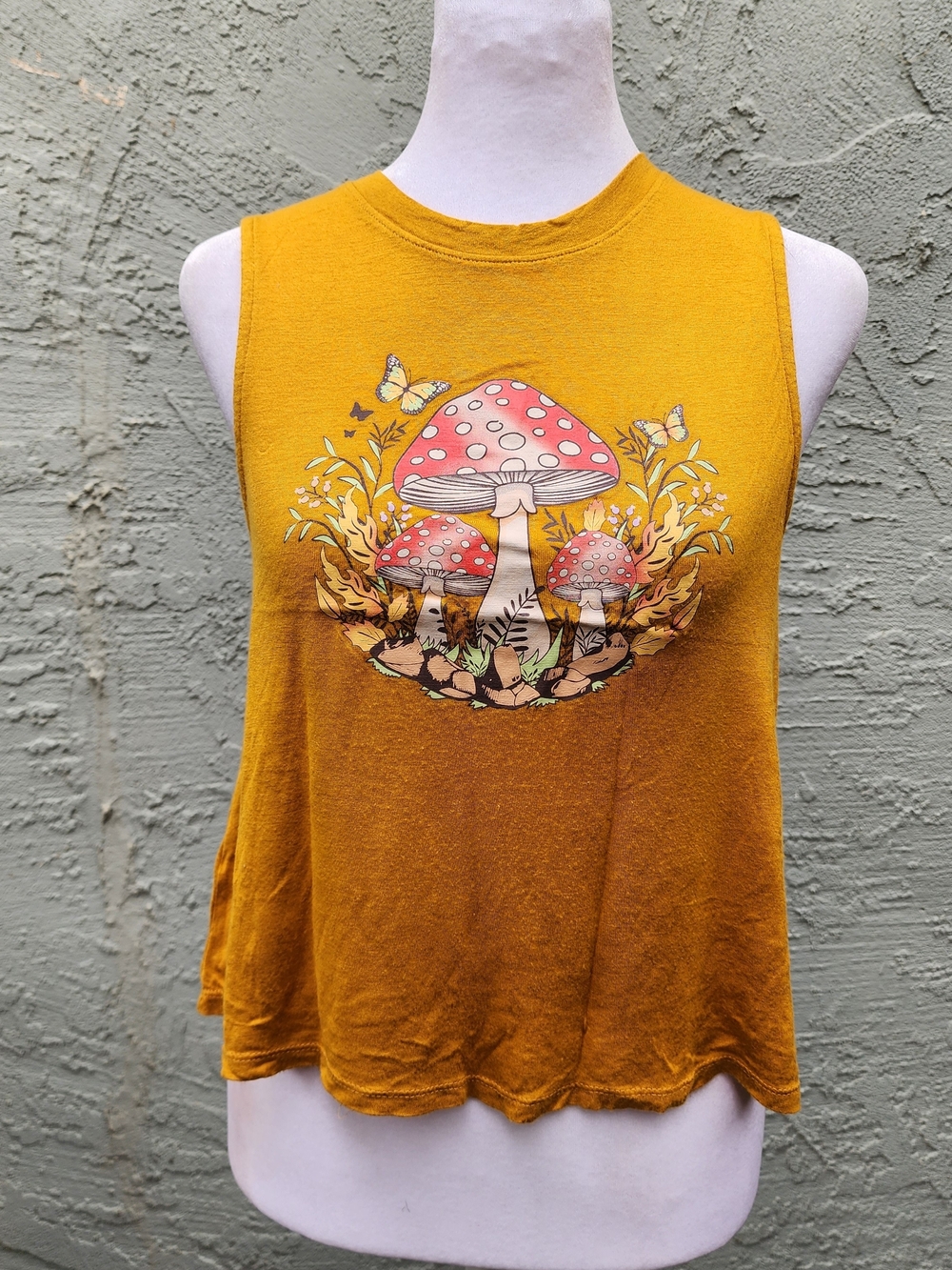 Obsessive Love Mushroom Graphic Muscle Tank Top Mustard Yellow [S]